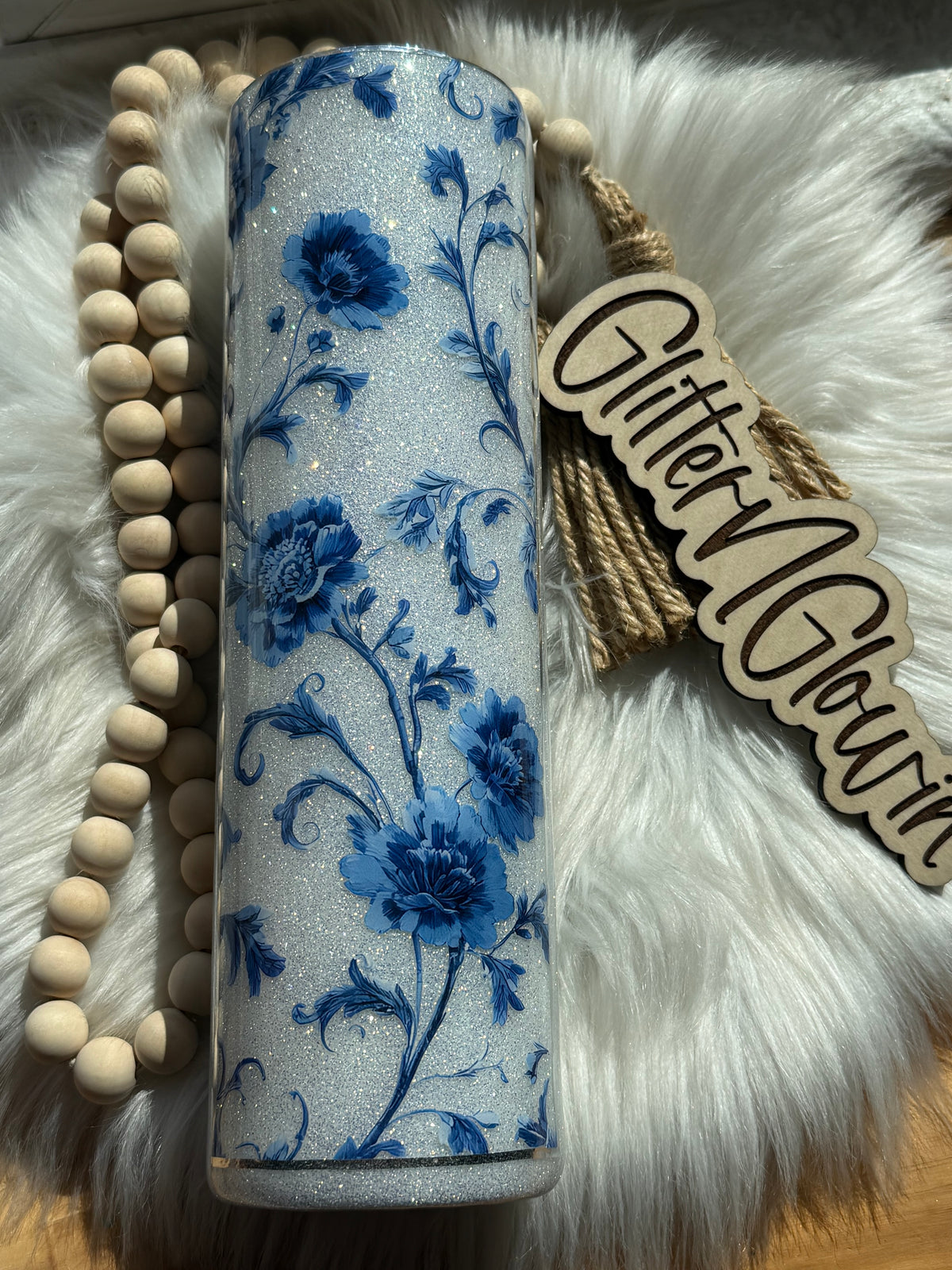 11. 32oz Tipsy Plump – Crushed diamonds w/blue floral print and dragonflies