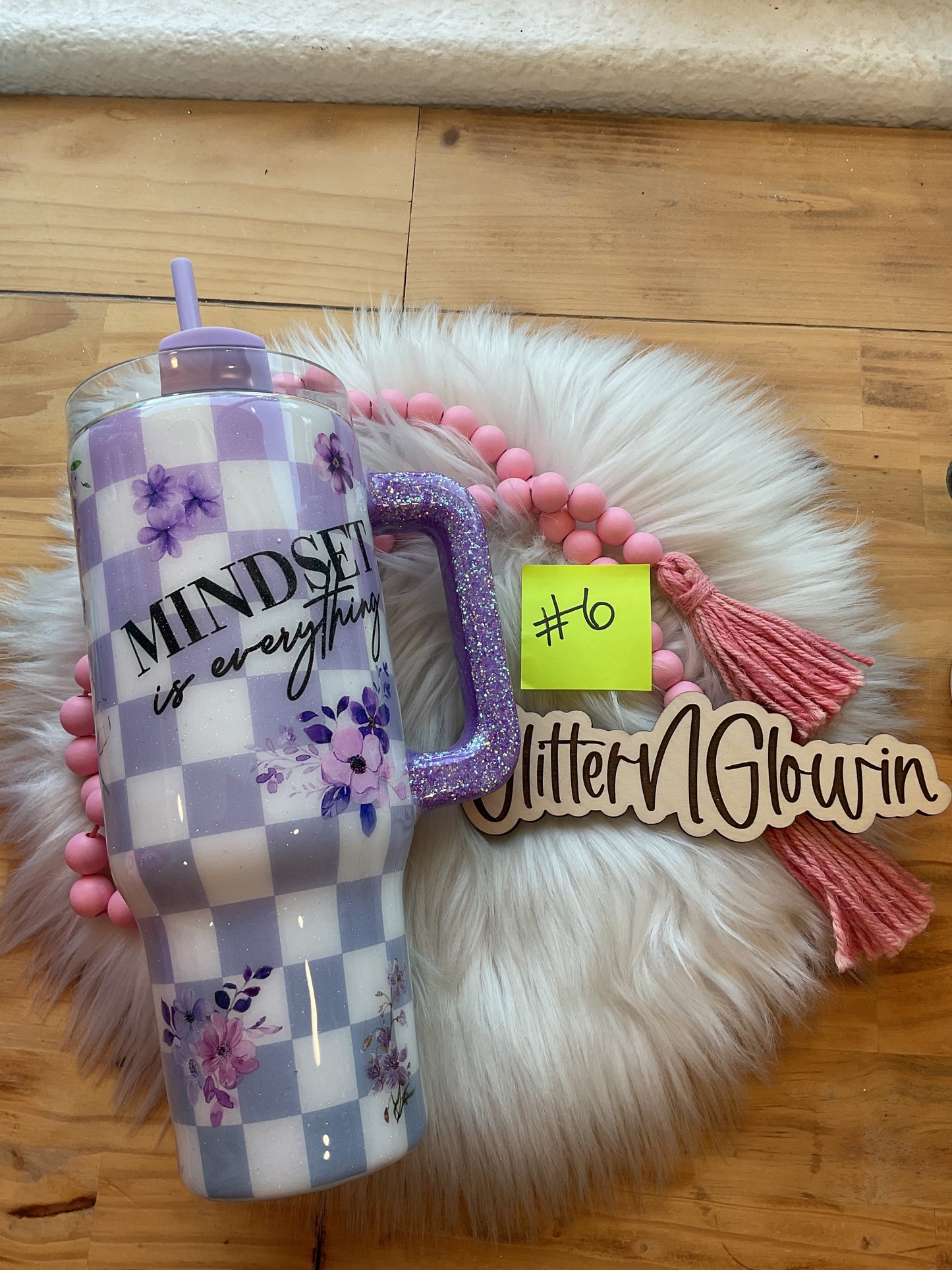 6. 40 oz Handle – Purple checkered w/ flowers and inspirational quotes