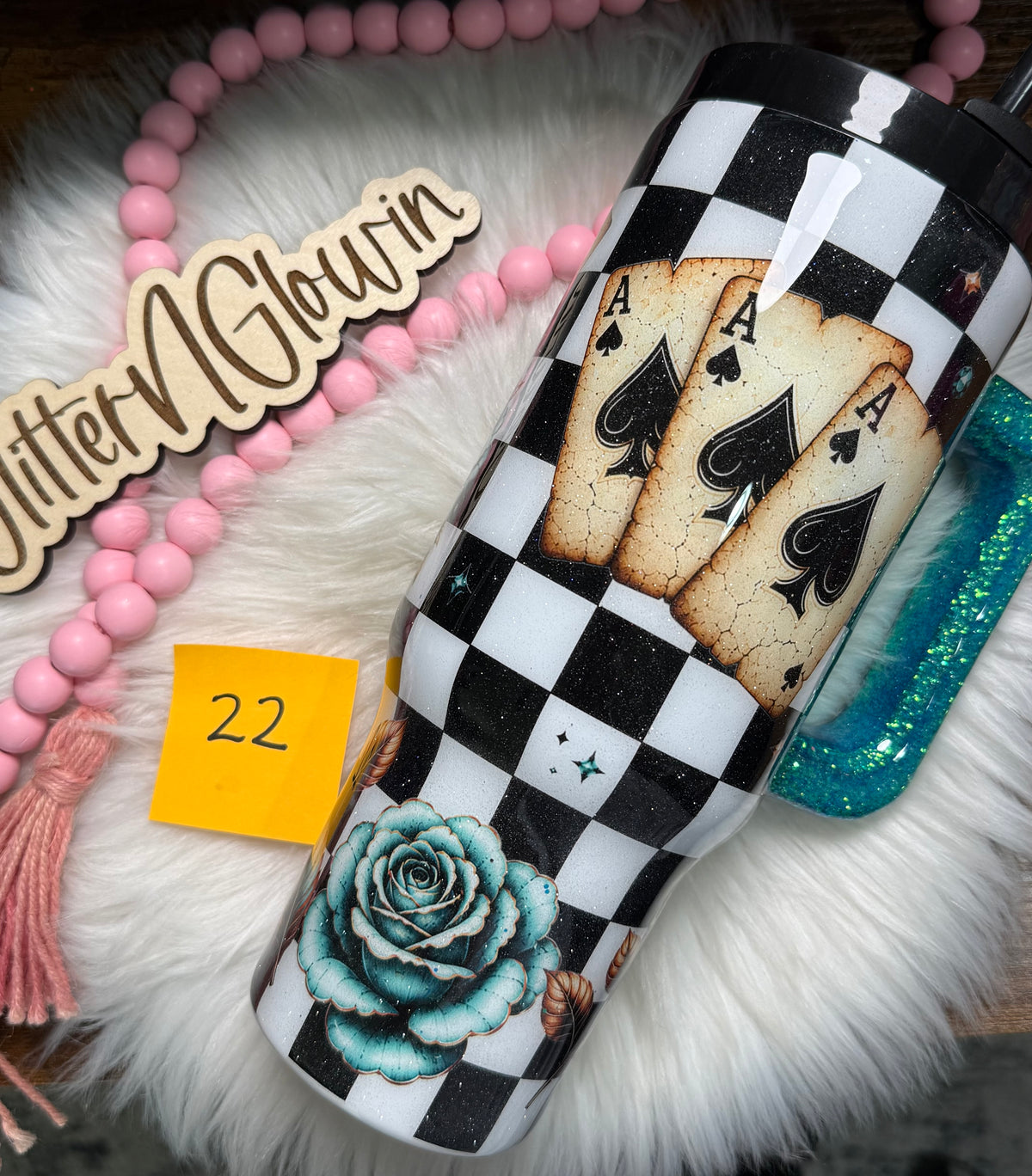 22. 40 oz – Black Checkered w/ Ace’s / Turquoise Rose