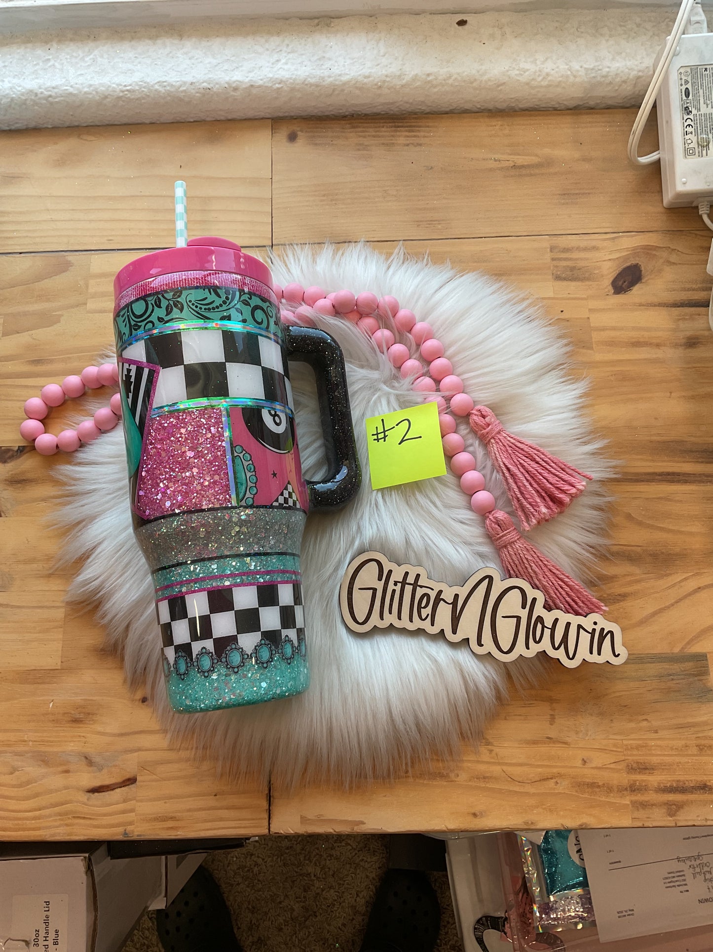 2. 40oz Big Swig Handle – Pink, teal and checkered western mixed media
