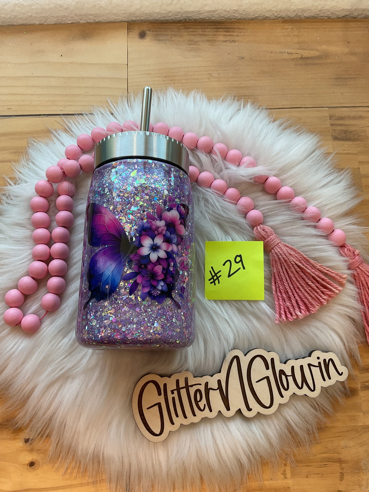 29. 17 oz Mason – Clarity Purple w/ butterfly