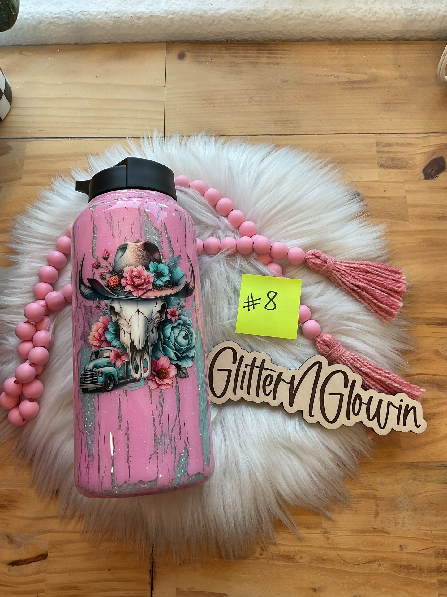 8. 32 oz Hydro bottle– Capri Sea Crackle w/ cow skull