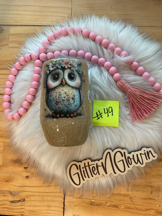 48. 17 oz Stemless Wine – Gold w/ owl’s and daisies