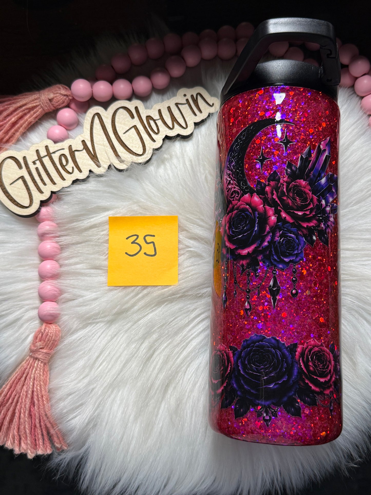 35. 25 oz Duo Glitter – Poppin Pink glitter w/ Crystal Moon