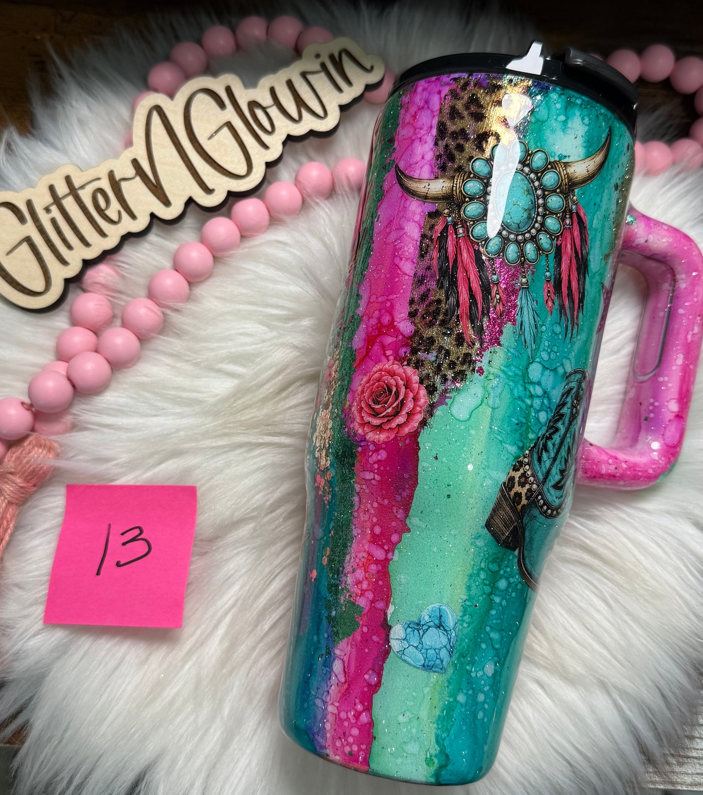 13. 30 oz Big Swig – Rustic Raindrop w/ Leopard Cowgirl