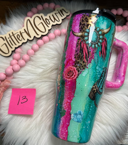 13. 30 oz Big Swig – Rustic Raindrop w/ Leopard Cowgirl