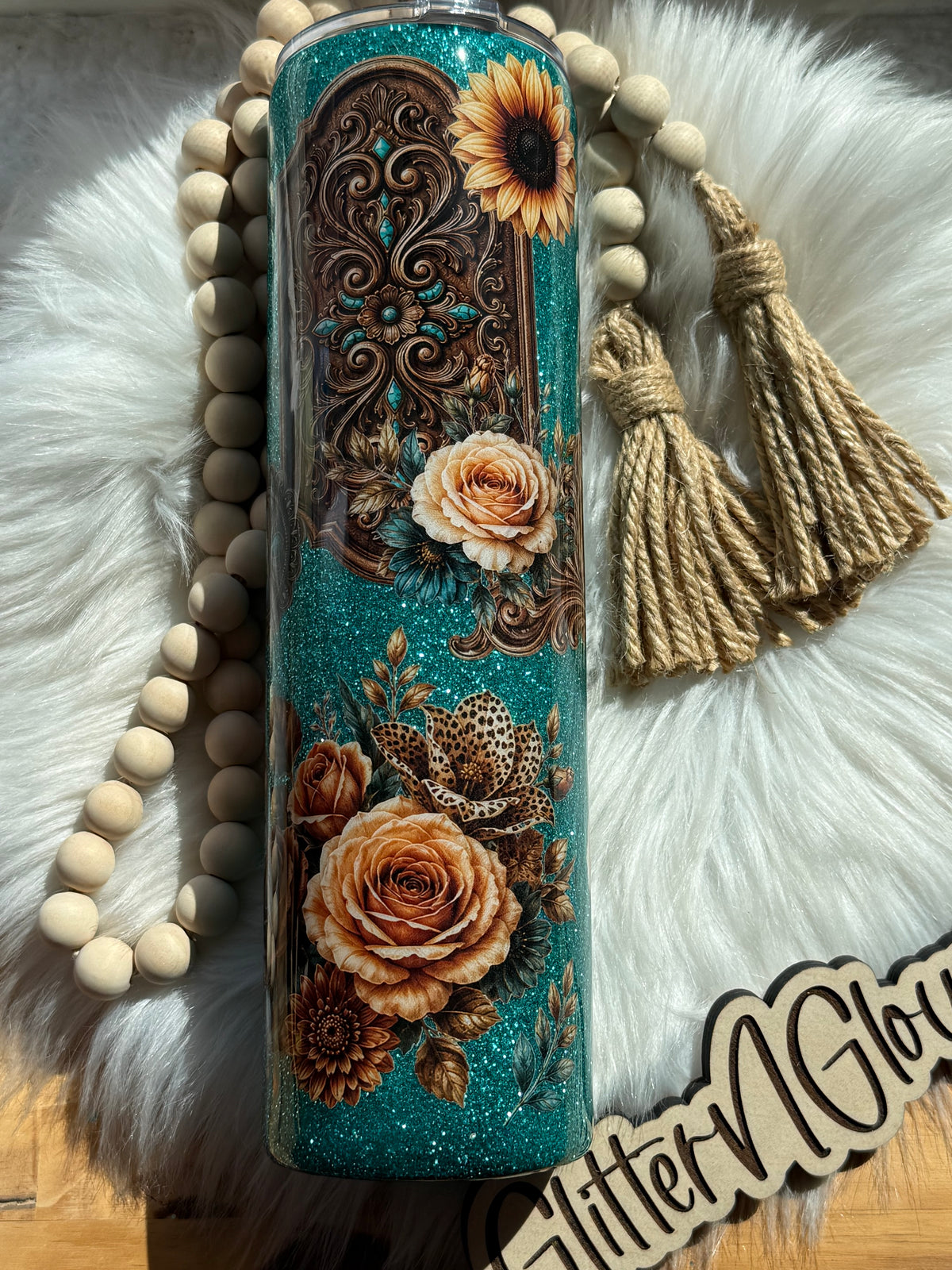 21. 32oz Tipsy – Teal glitter w/Rustic Bloom