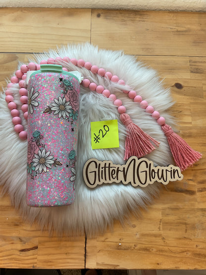 20. 25oz Slim tapered with Mint Flipstraw lid – Seabreeze w/ floral decal