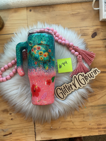 74. 30 oz Grippy – Teal/coral ombré w/ sea turtle