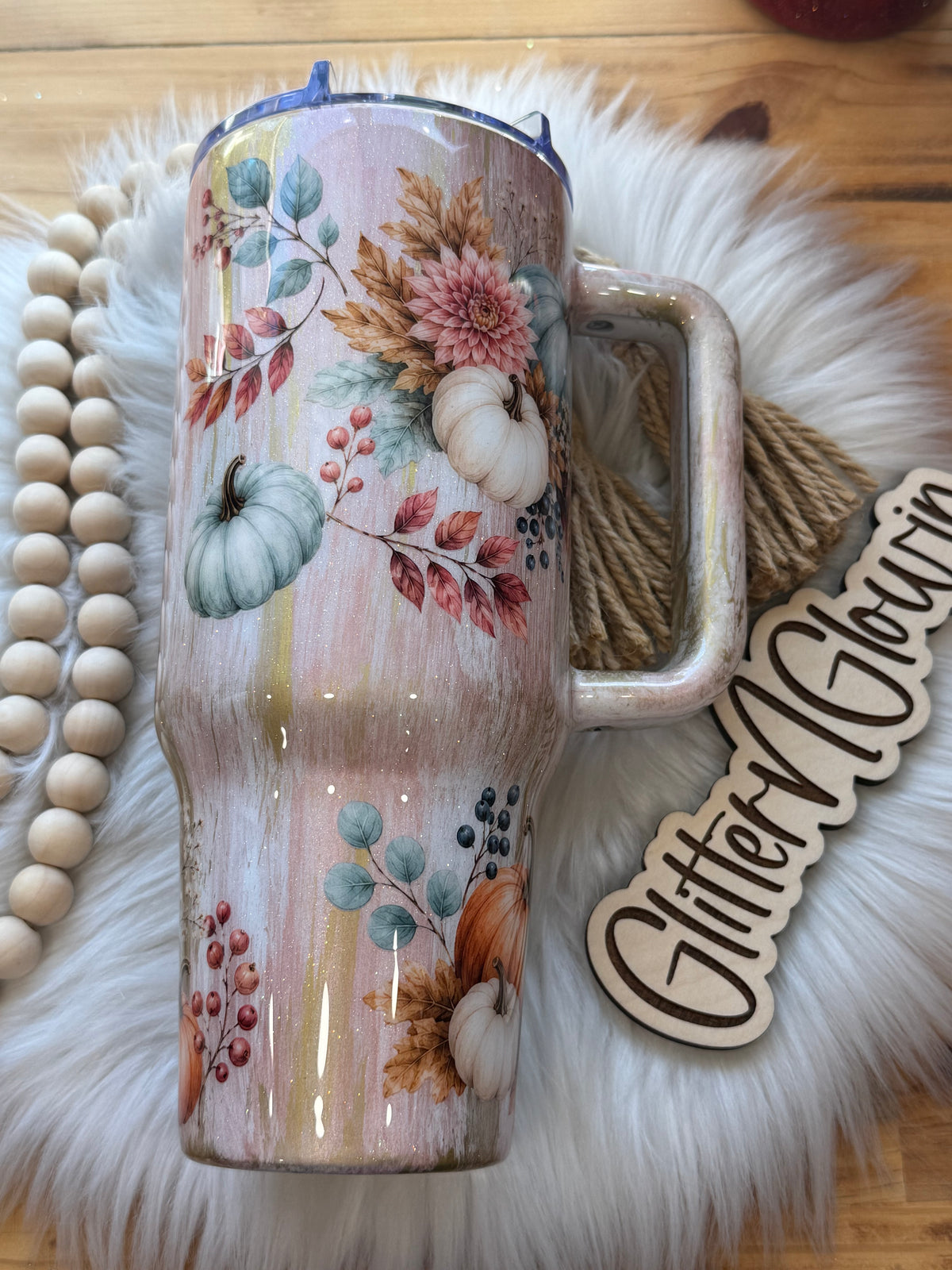 28. 40oz Rosegold and Gold woodgrain w/pumpkin and floral decals