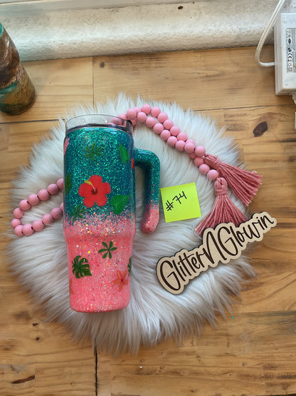 74. 30 oz Grippy – Teal/coral ombré w/ sea turtle