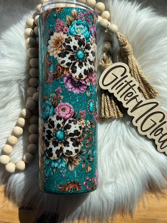 13. 30oz Skinny – Teal glitter w/cow/floral print