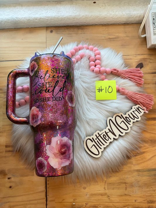 10. 40 oz Handle – Pink & Purple foil mashup w/ flowers