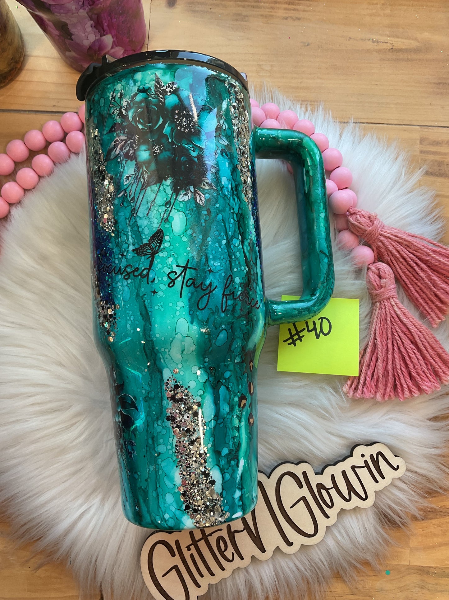 53. 40 oz Handle – Rustic Raindrop Teals with floral and quotes