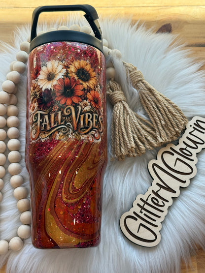 34. 30oz Clipmate – Hydrodip red, gold, brown glitter with fall decal