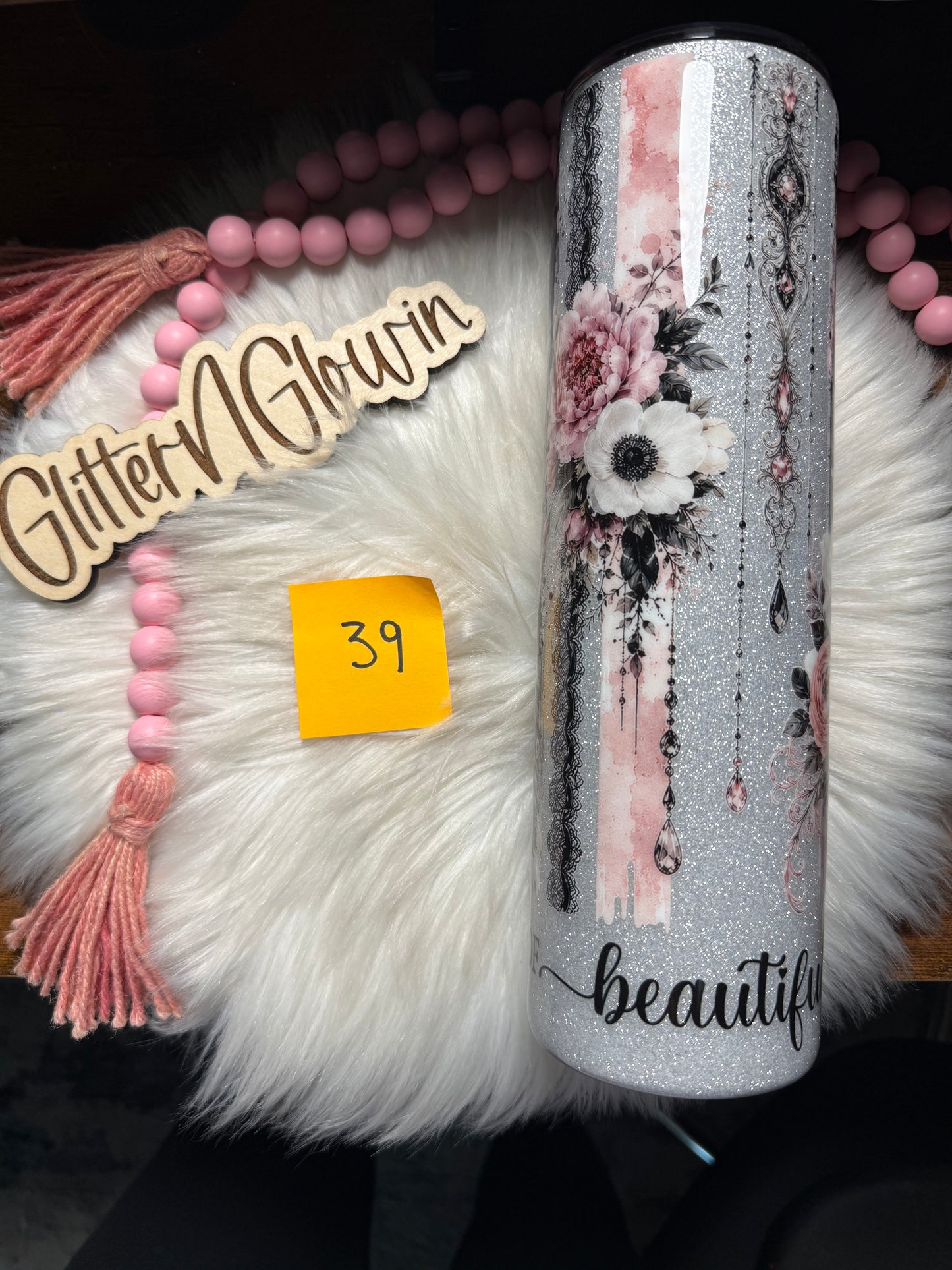 39. 35 oz Skinny – Silver Base w/ Pink & Black Floral jeweled decals