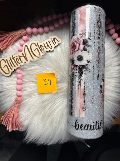 39. 35 oz Skinny – Silver Base w/ Pink & Black Floral jeweled decals