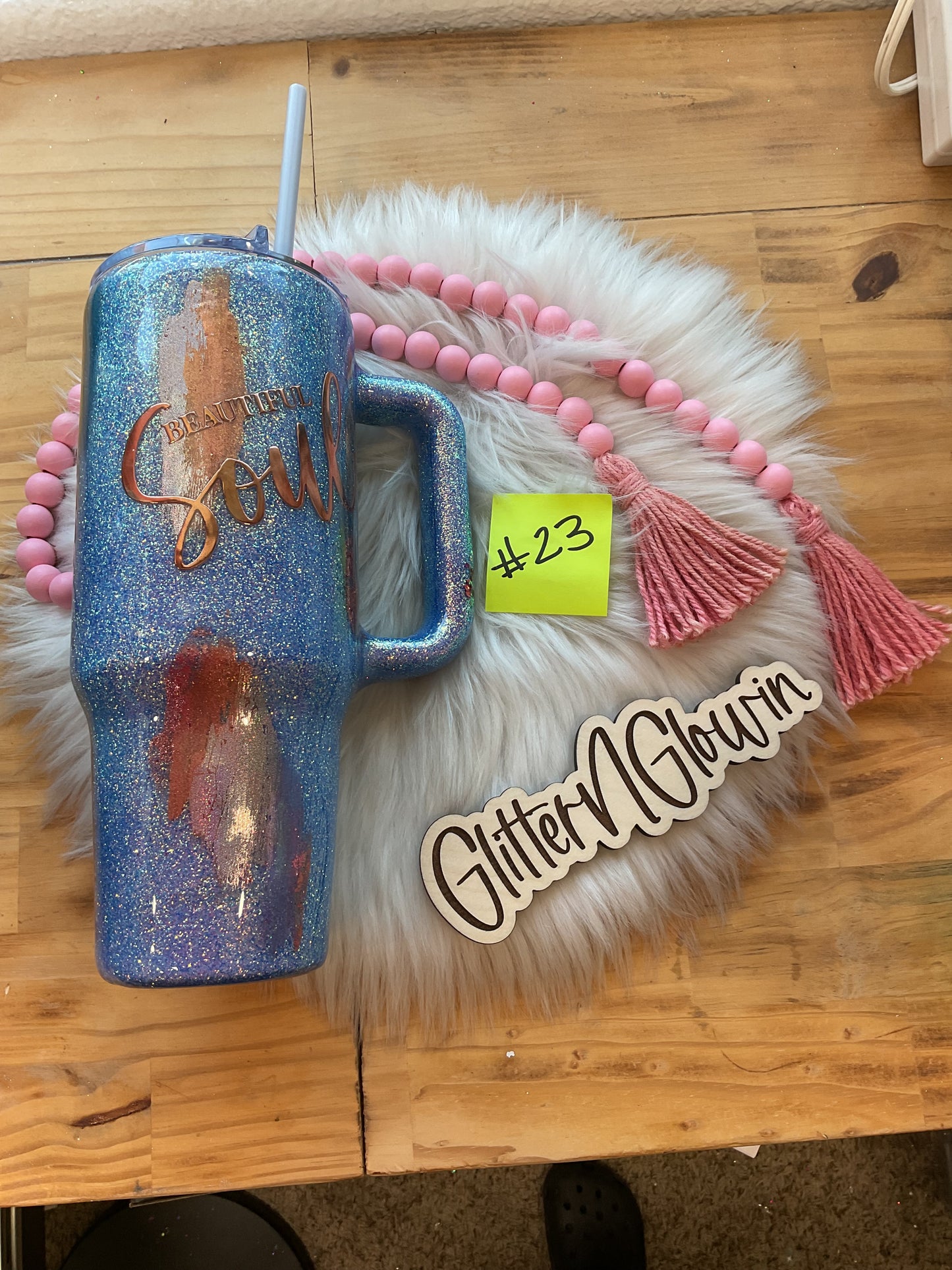 23.   40oz Blue Flipstraw – Periwinkle glitter, foils w/ butterfly decal