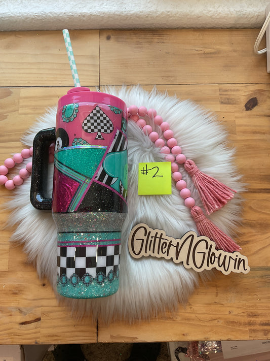 2. 40oz Big Swig Handle – Pink, teal and checkered western mixed media