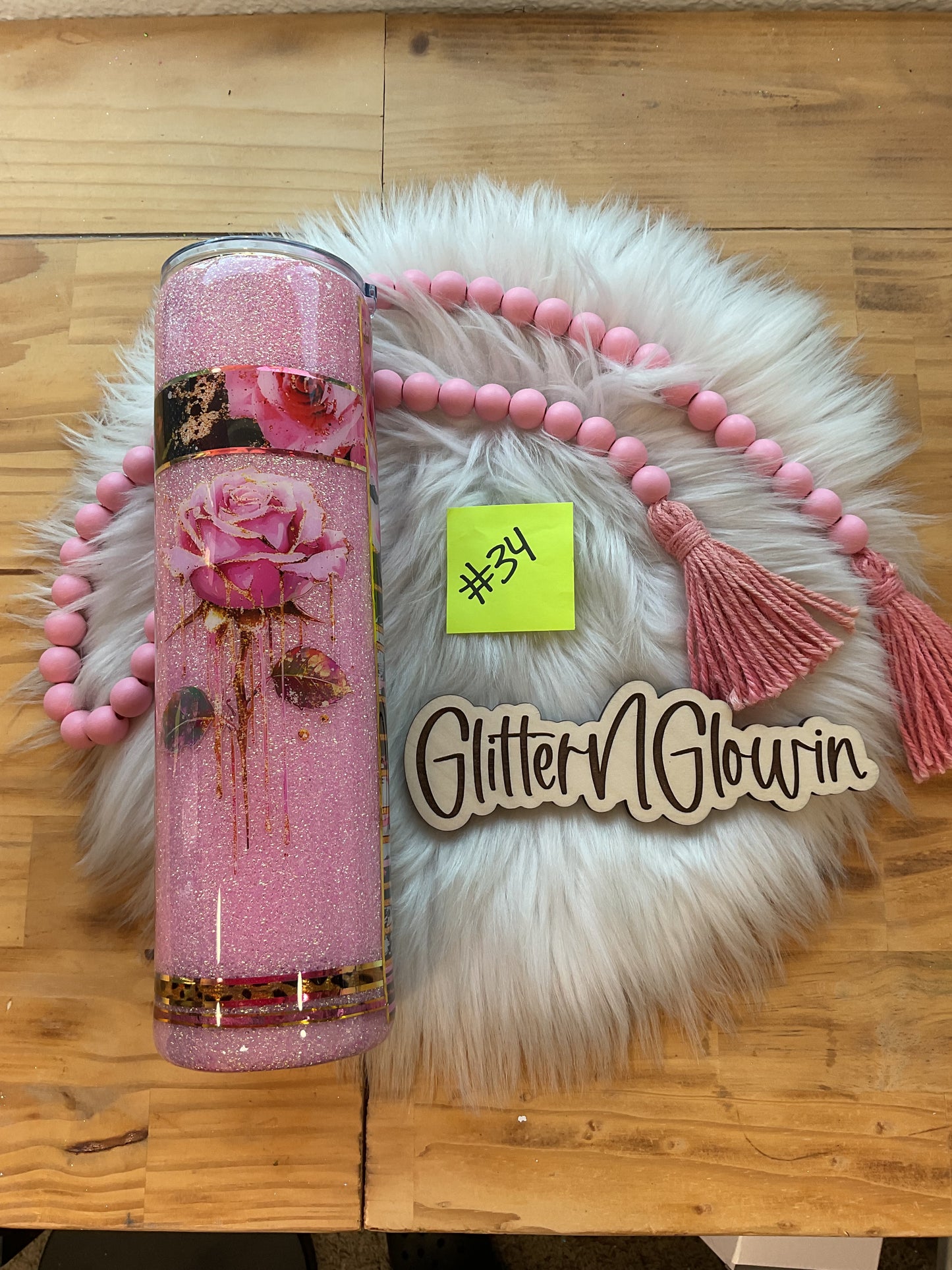 34.  32oz Tipsy Plump – Pink Bubble mixed media w/ roses