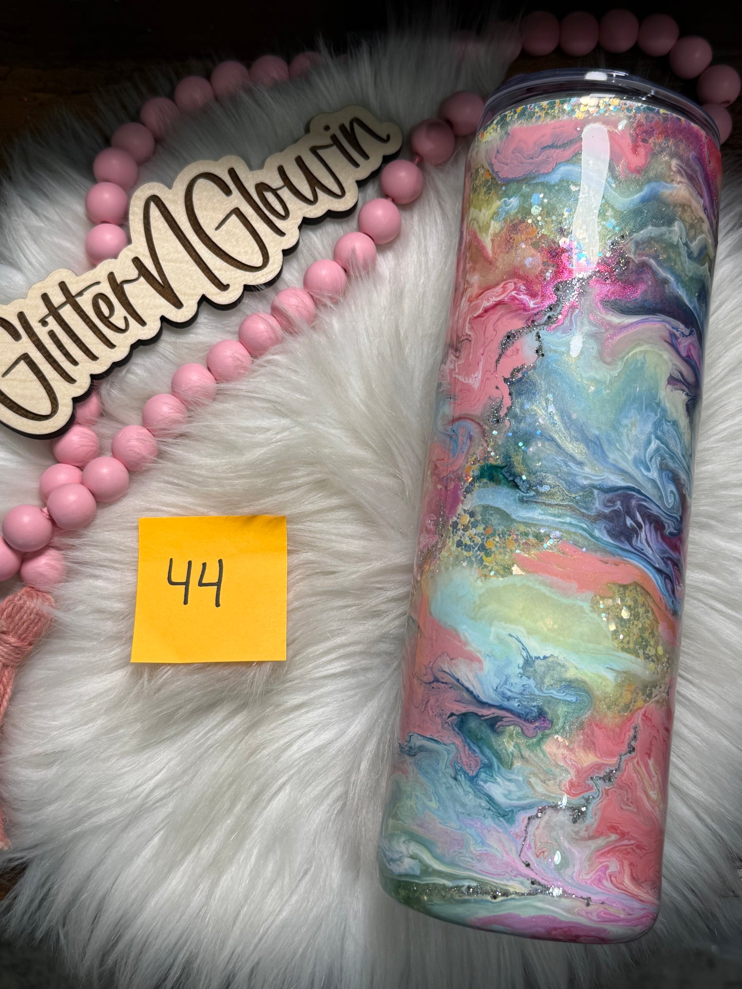 44. 30 oz Skinny – Belle glitter w / Pastel Skies Inks