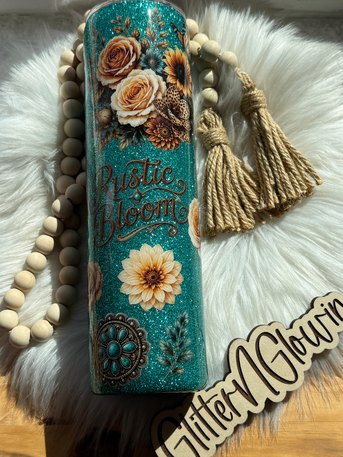 21. 32oz Tipsy – Teal glitter w/Rustic Bloom