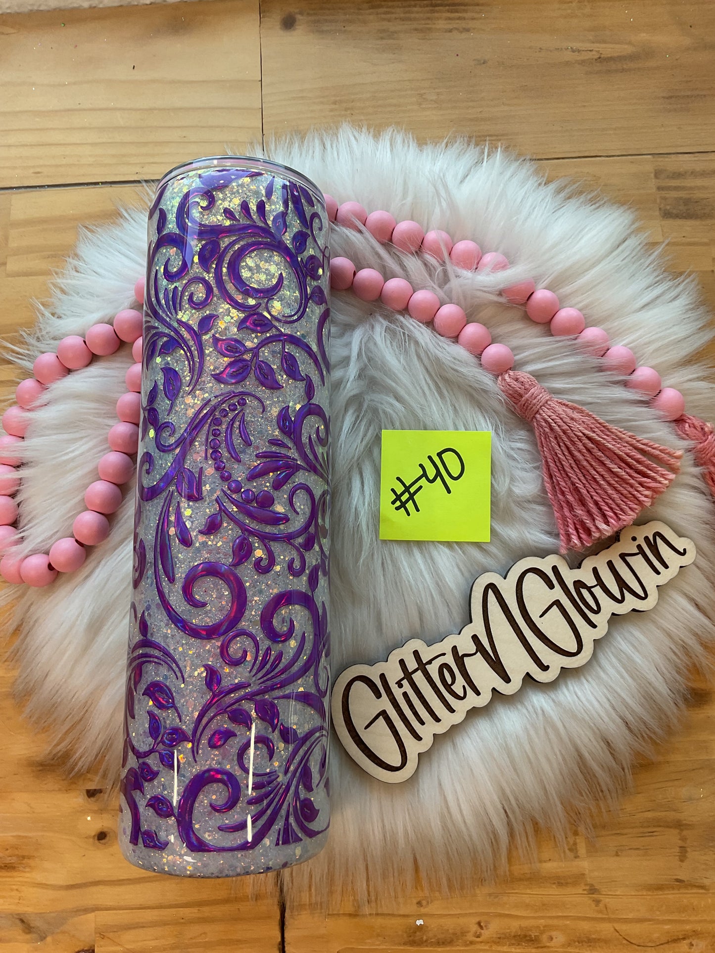 40. 32oz Tipsy – Tooled Leather Purple – Mirror Mirror glitter