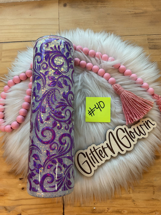 40. 32oz Tipsy – Tooled Leather Purple – Mirror Mirror glitter