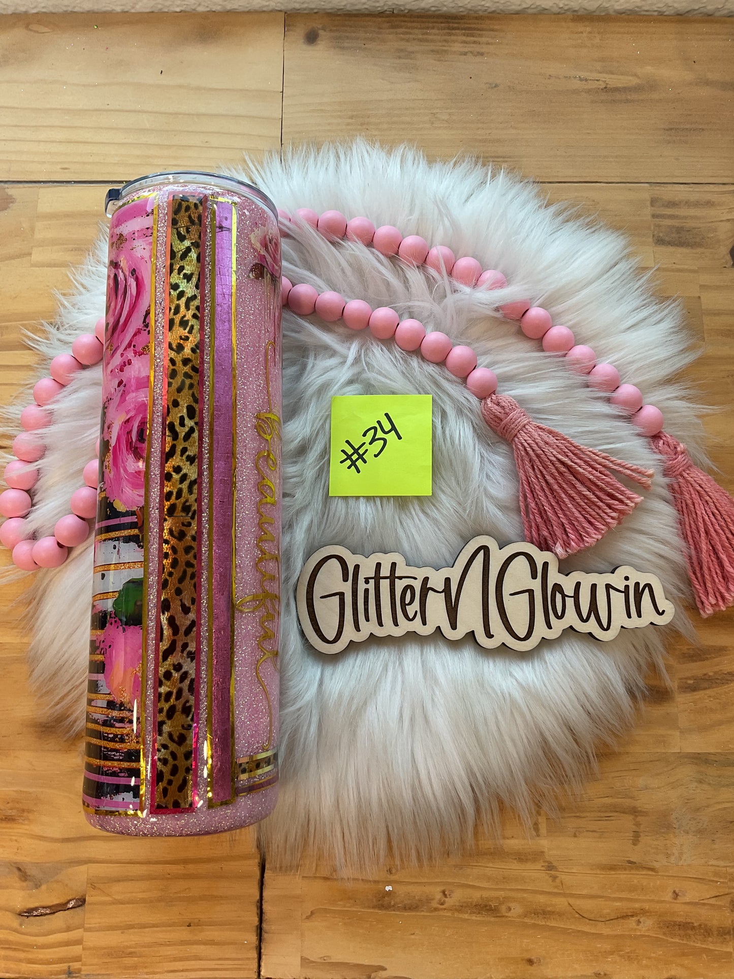 34.  32oz Tipsy Plump – Pink Bubble mixed media w/ roses