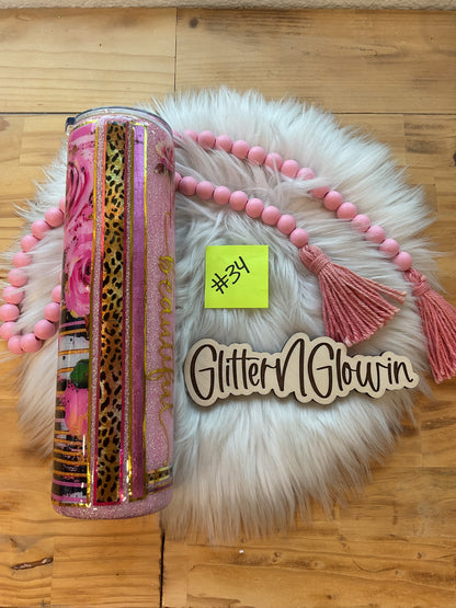 34.  32oz Tipsy Plump – Pink Bubble mixed media w/ roses