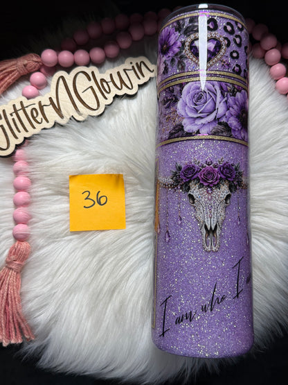 36. 32 oz Tipsy Plump – Pegasus purple glitter w/ Leopard and floral mixed media