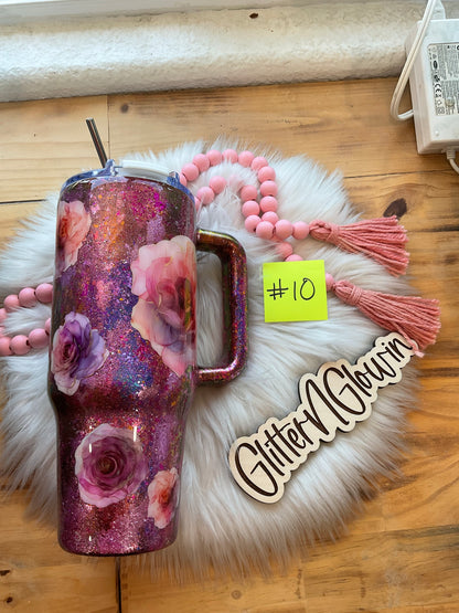 10. 40 oz Handle – Pink & Purple foil mashup w/ flowers
