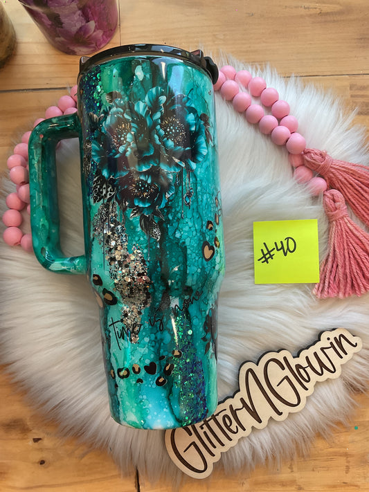 53. 40 oz Handle – Rustic Raindrop Teals with floral and quotes