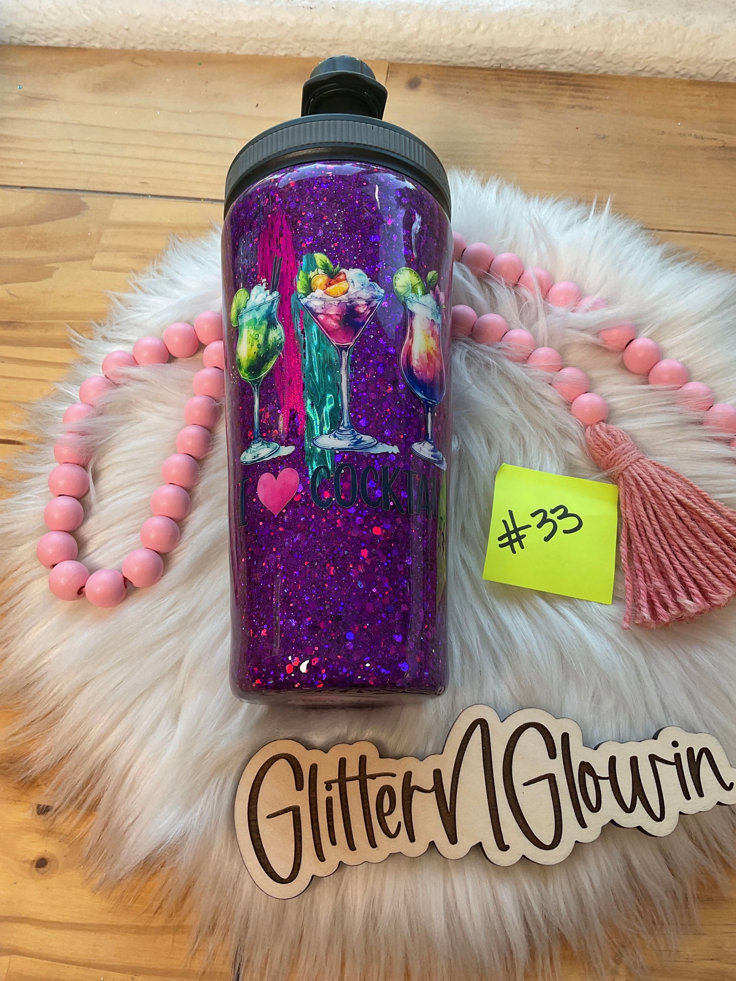 33. 25 oz Shaker bottle – Poppin Purple w/ foils cocktail decal