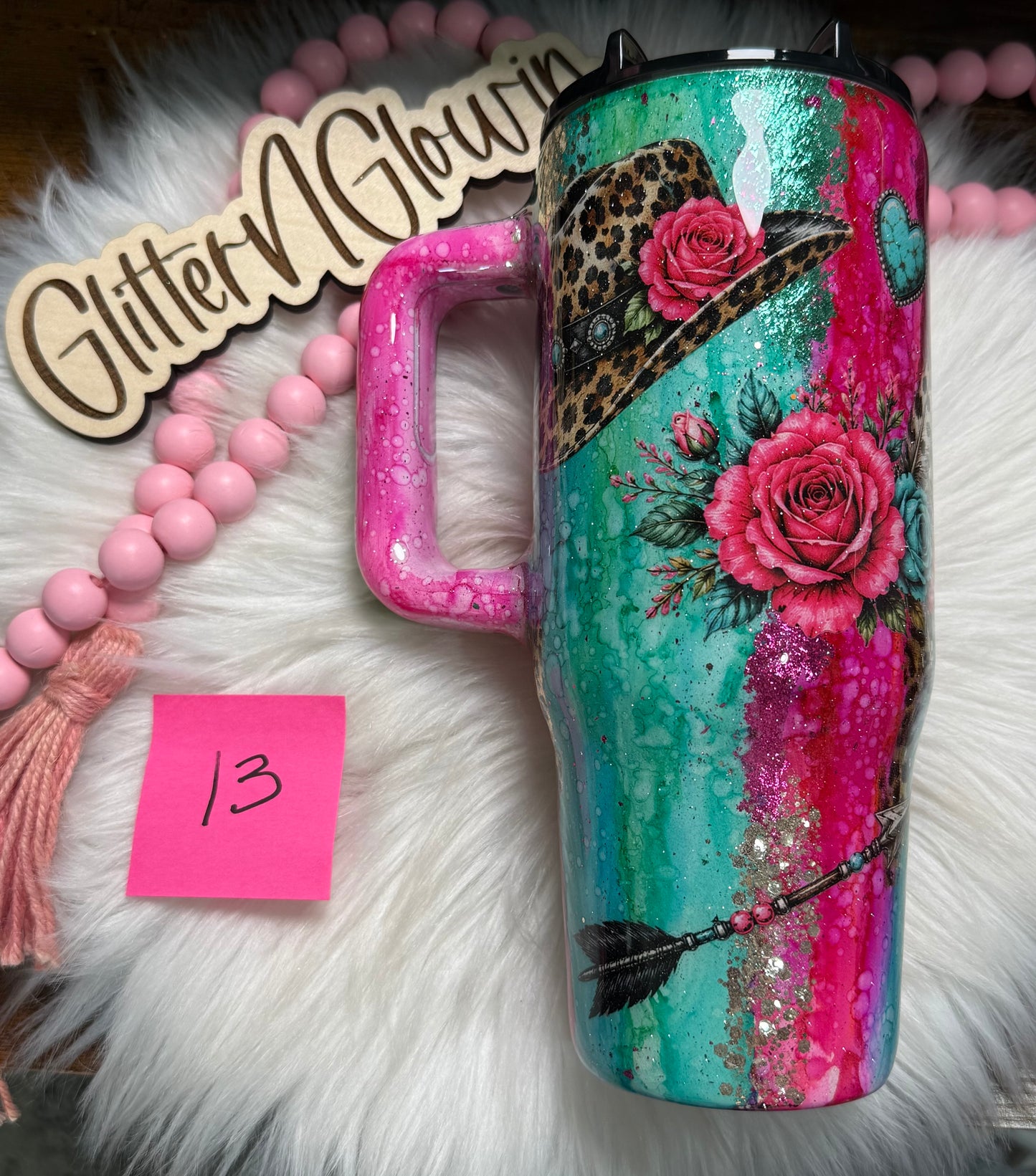 13. 30 oz Big Swig – Rustic Raindrop w/ Leopard Cowgirl