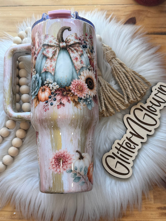 28. 40oz Rosegold and Gold woodgrain w/pumpkin and floral decals