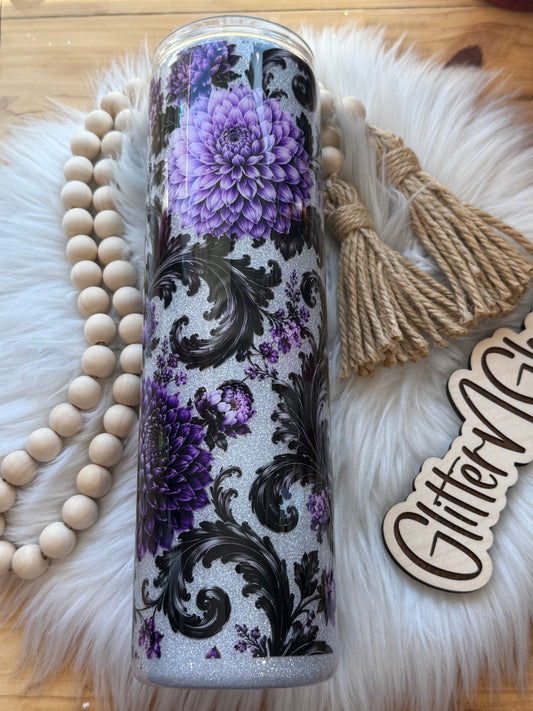 27. 35oz Skinny – Silver glitter w/purple floral wrap