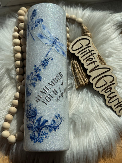 11. 32oz Tipsy Plump – Crushed diamonds w/blue floral print and dragonflies