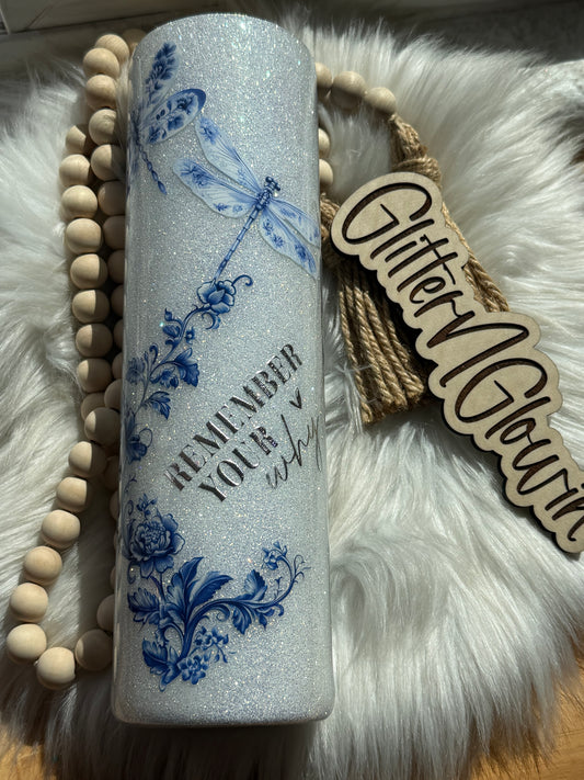 11. 32oz Tipsy Plump – Crushed diamonds w/blue floral print and dragonflies