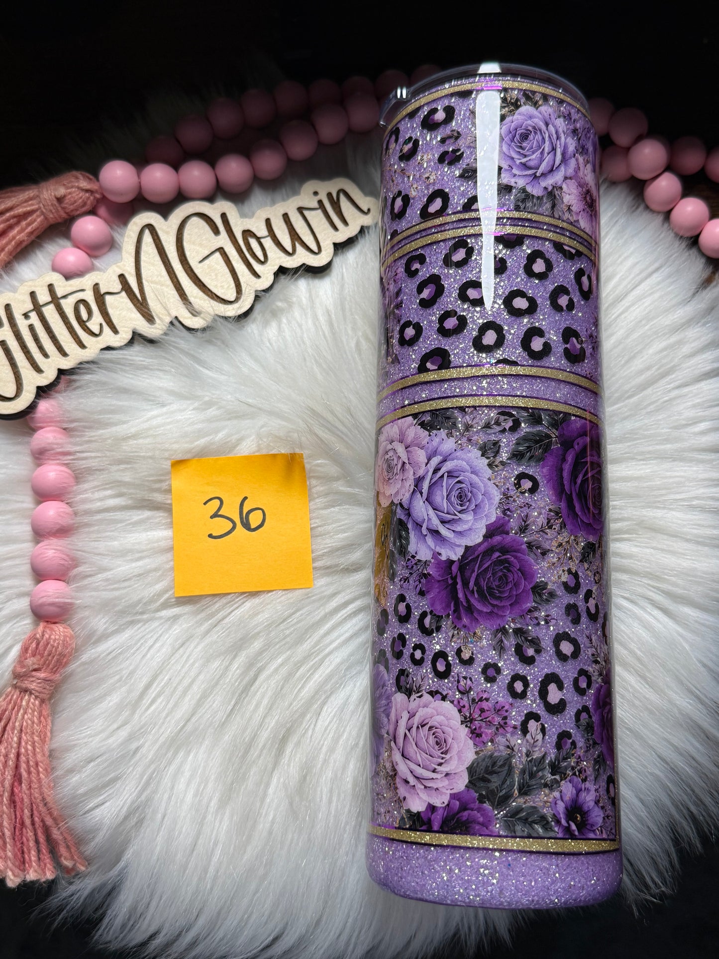36. 32 oz Tipsy Plump – Pegasus purple glitter w/ Leopard and floral mixed media