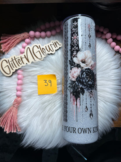 39. 35 oz Skinny – Silver Base w/ Pink & Black Floral jeweled decals