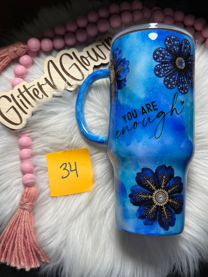 34. 24 oz Tipsy Traveler – Ink Blot (Blues) w/ Flowers