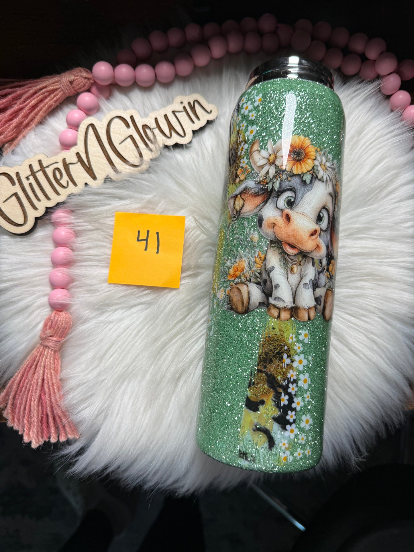 41. 25 oz Hydro bottle – Morning Succulent glitter w/ Cow Decal & Foils
