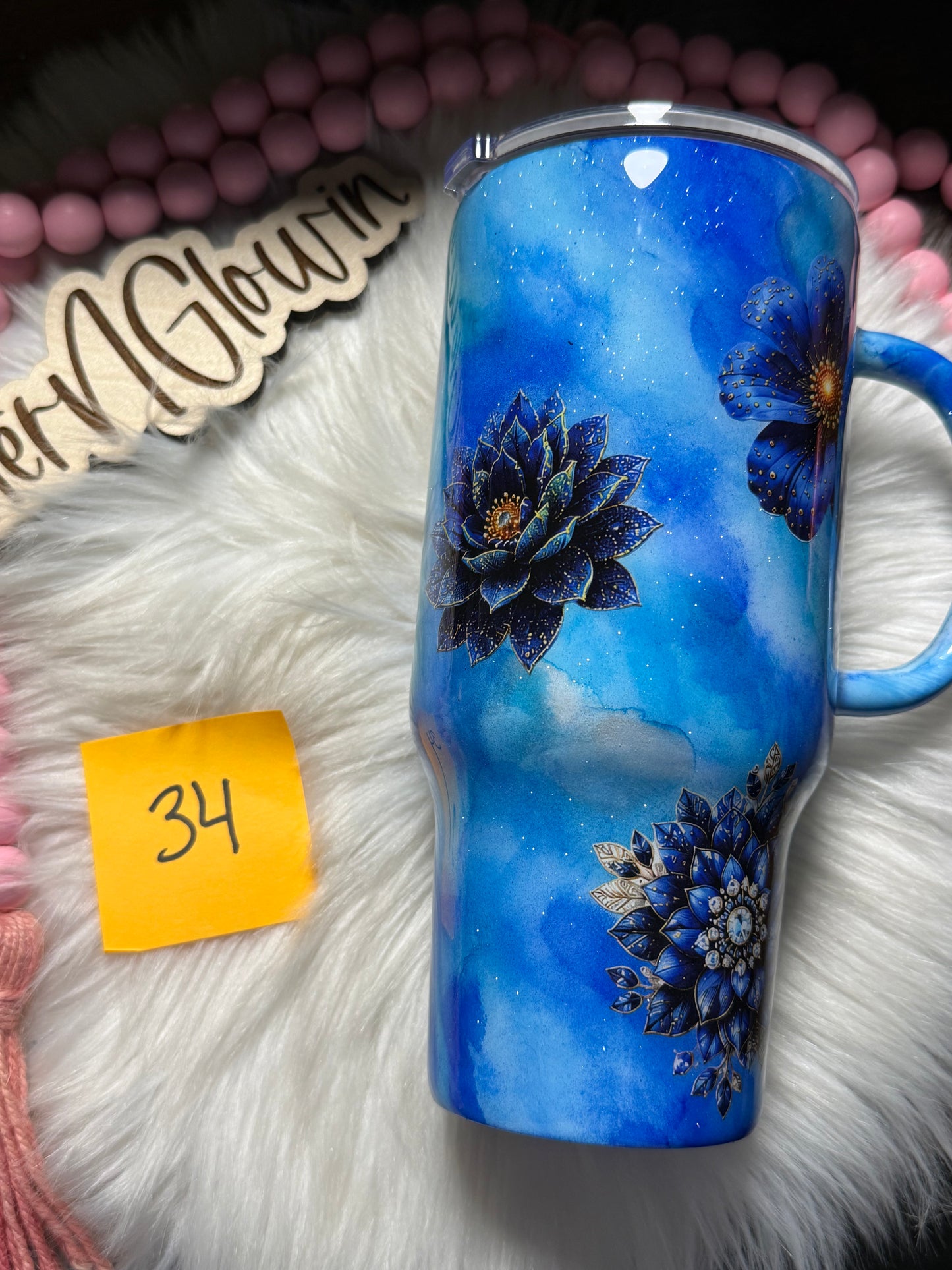 34. 24 oz Tipsy Traveler – Ink Blot (Blues) w/ Flowers
