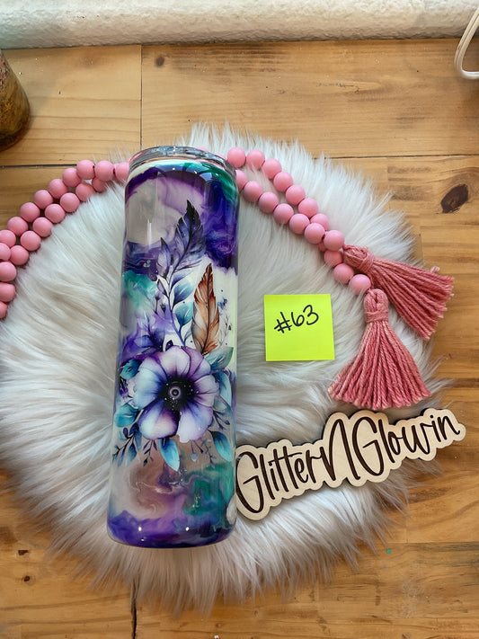 63. 30 oz Skinny – Inks purple marble w/ feather