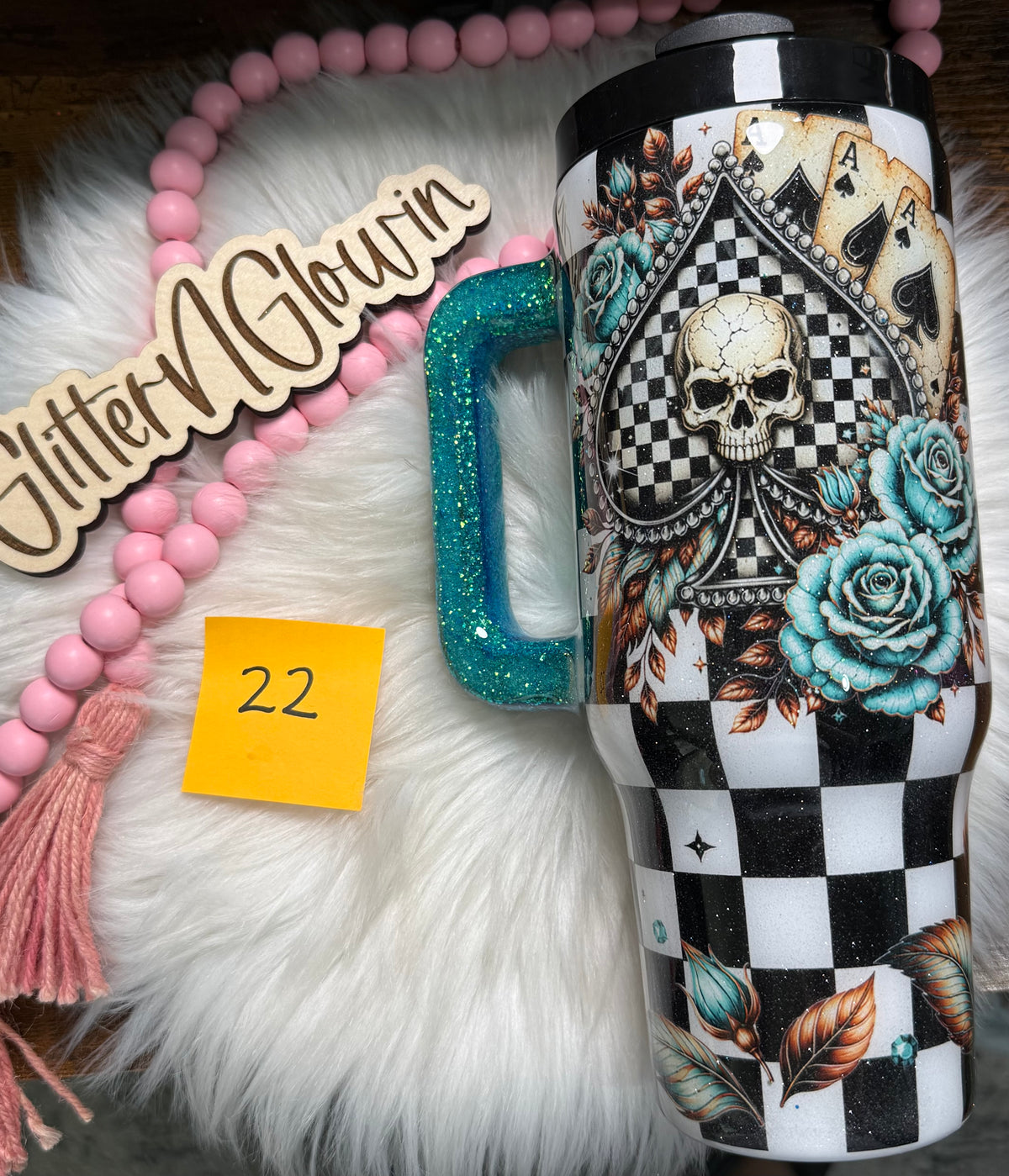 22. 40 oz – Black Checkered w/ Ace’s / Turquoise Rose