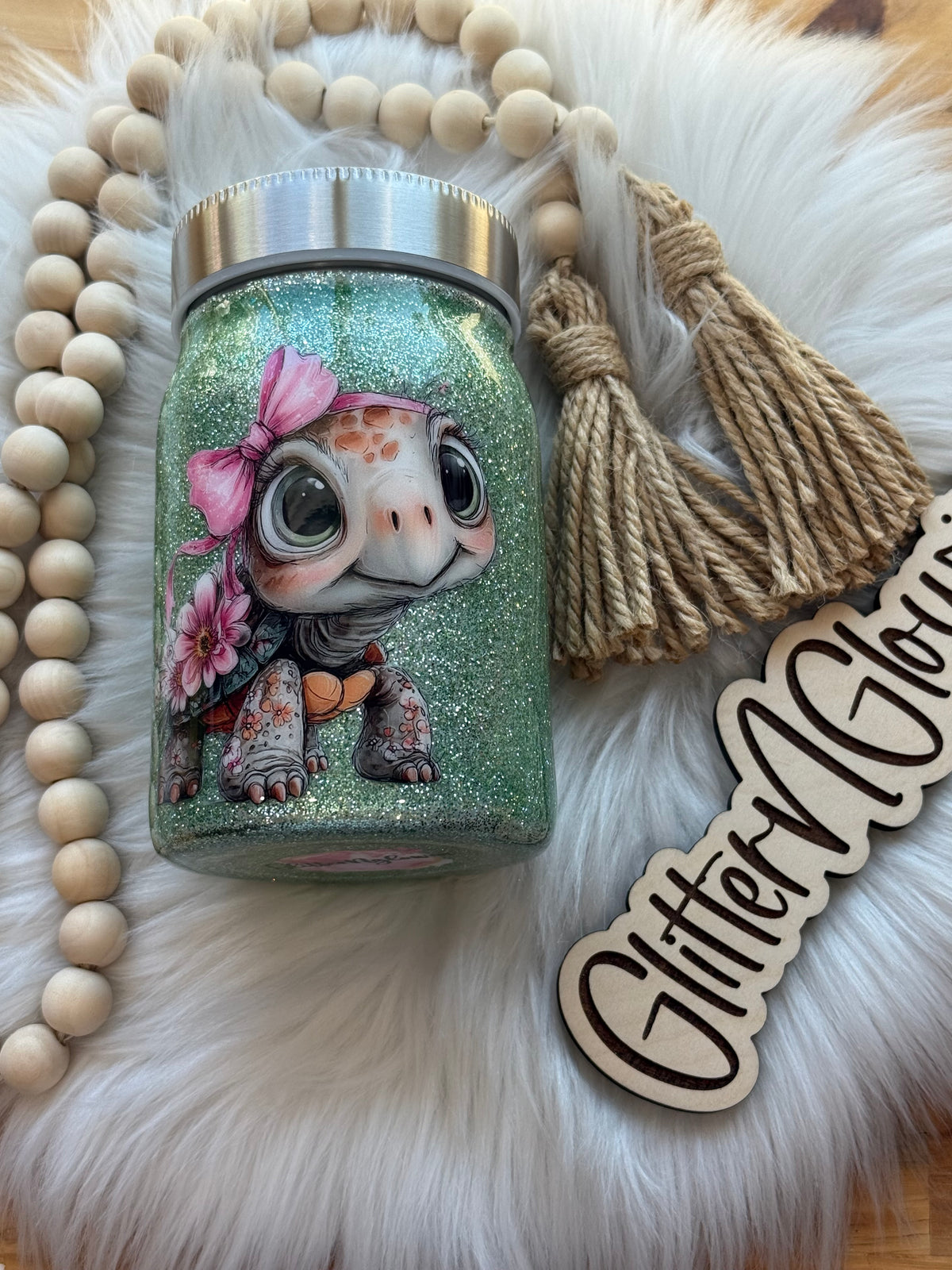 23. 17oz Mason jar – Sage turtle w/pink bow