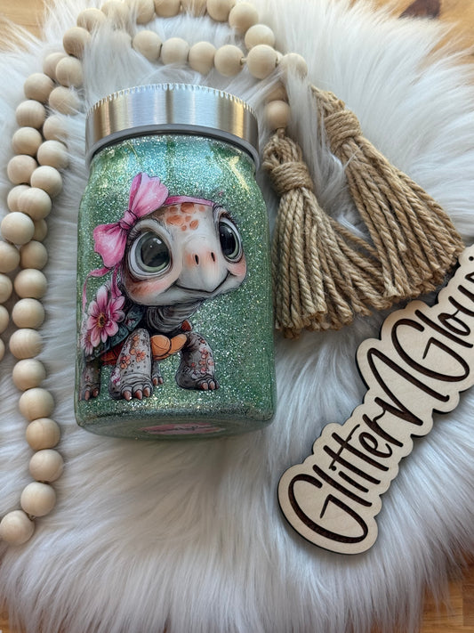 23. 17oz Mason jar – Sage turtle w/pink bow