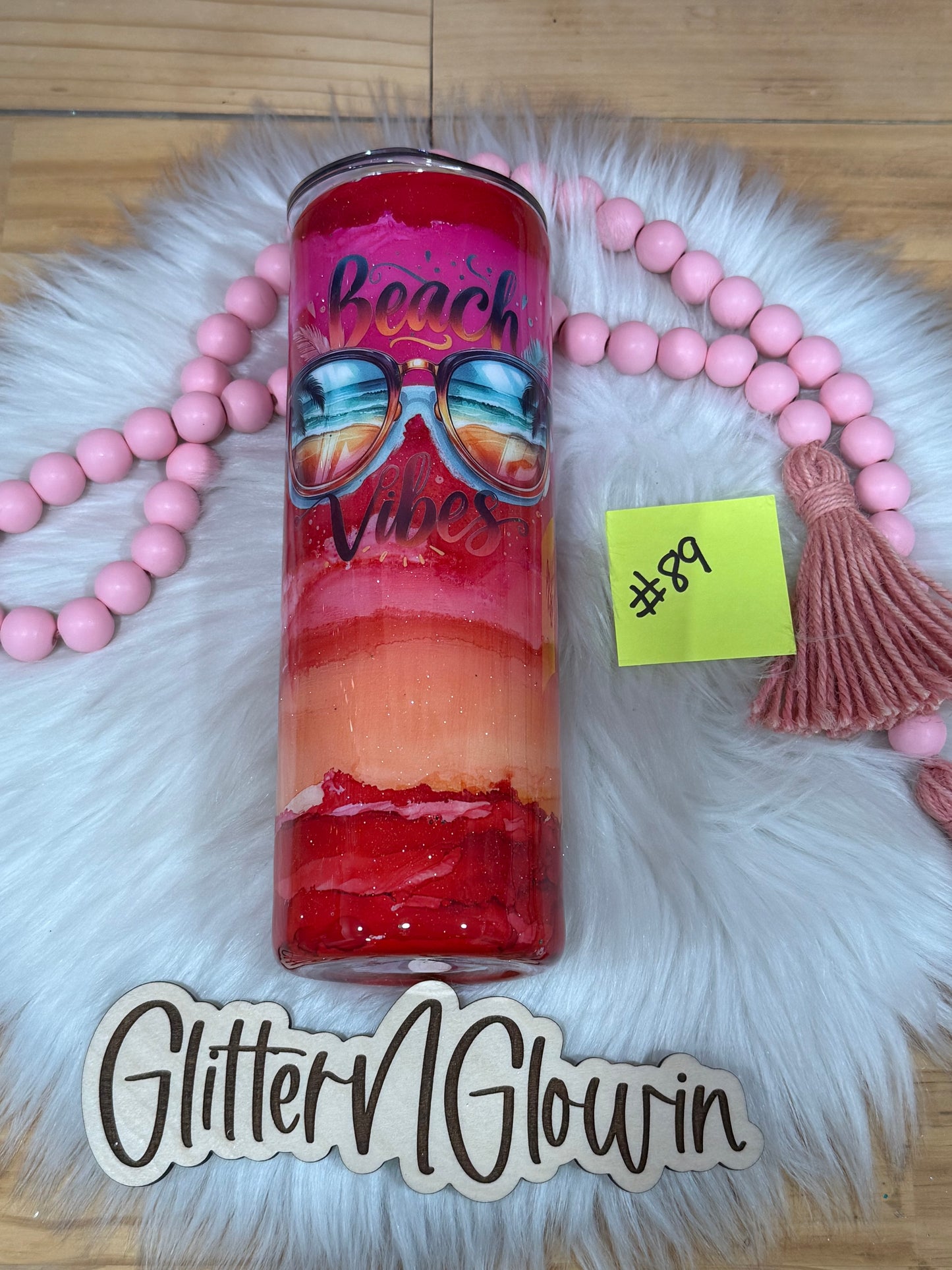 89. 20oz Skinny London fog pinks and oranges with beach decal