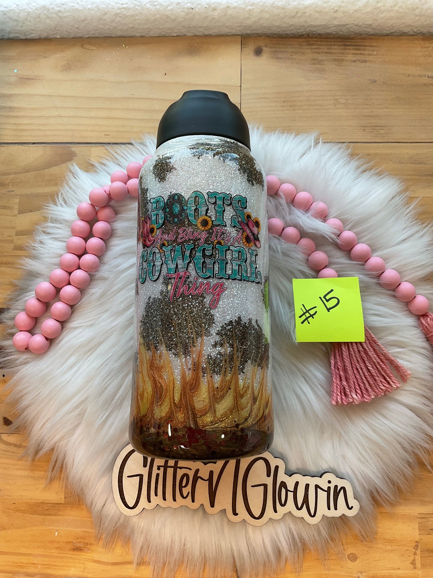 15. 32oz Hydrobottle – Glitter base with Alcohol ink Cow spots w/ sunflower and decal